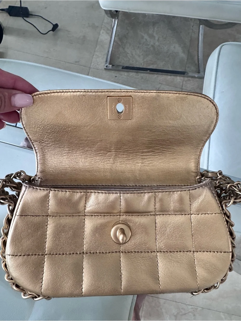 CHANEL Vintage 2003-2004 Quilted Metallic Gold Evening Bag with Chain Strap
